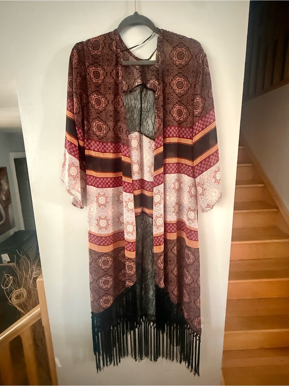 California Moonrise Boho Fringe Duster Cardigan Kimono Aztec Tile Print M